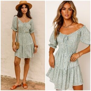 NWT Sunday Saint Tropez Off The Shoulder Ruffle Floral Metallic Mini Dress